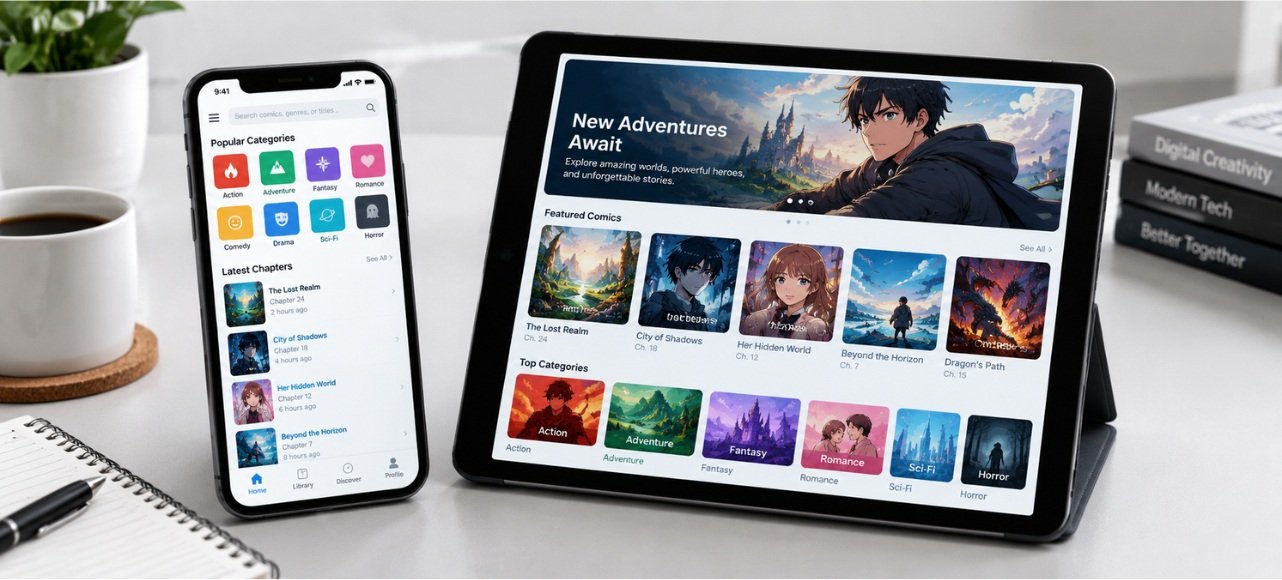 Digital manga catalog and chapter navigation on mobile