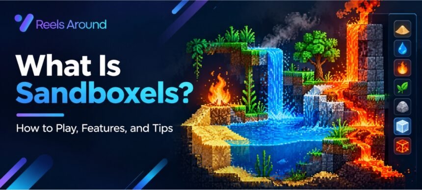 Sandboxels game showing colorful elements, falling sand, water, fire, and interactive material simulations